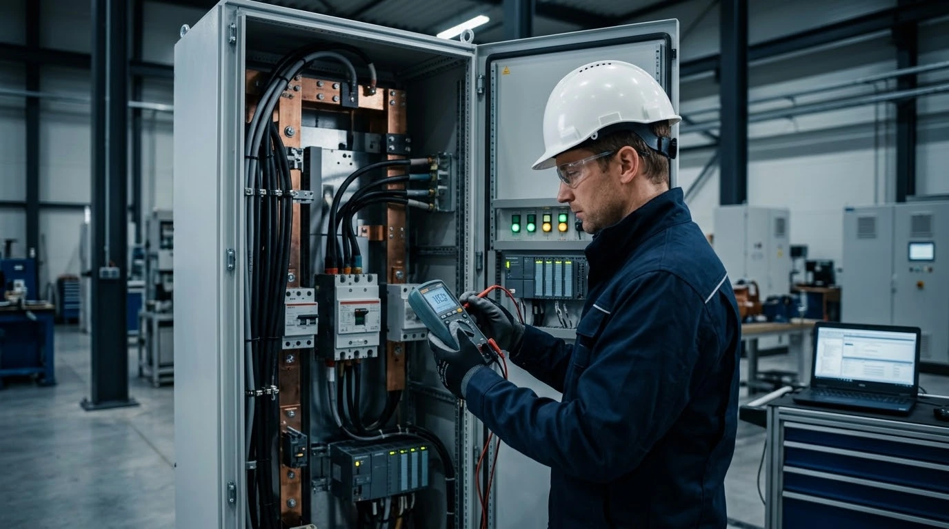 QTEK electrical inspector reviewing switchgear and control cabinets