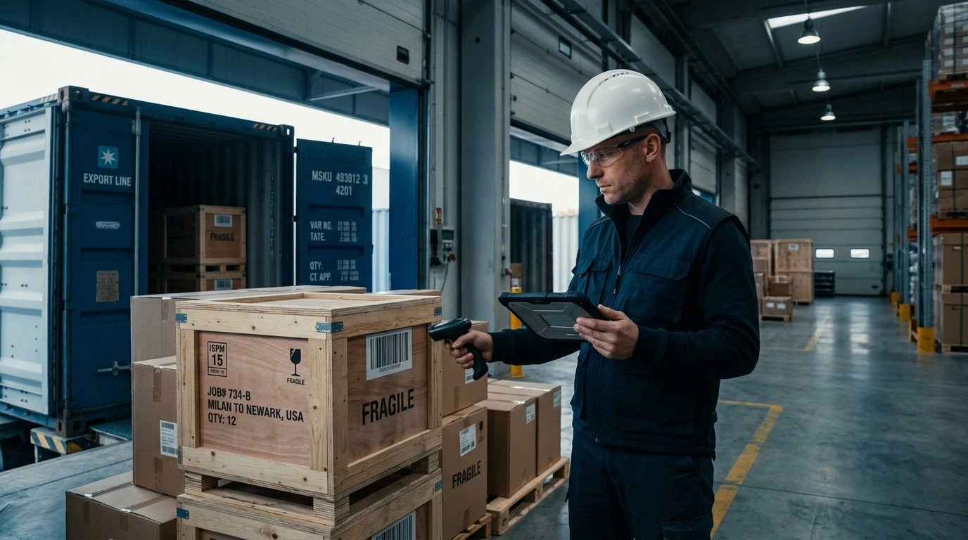QTEK inspector verifying cargo and export packaging at warehouse